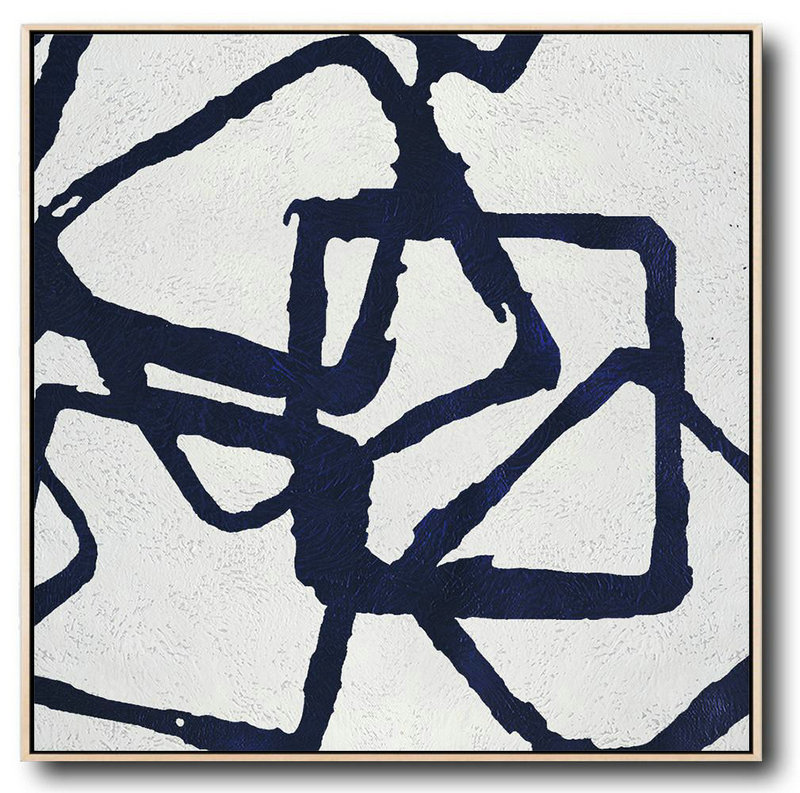 Large Abstract Art,Minimalist Navy Blue And White Painting,Hand Painted Aclylic Painting On Canvas